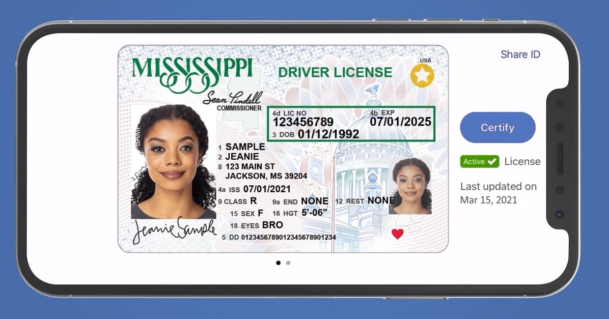 Screenshot of Mississippi Mobile ID app